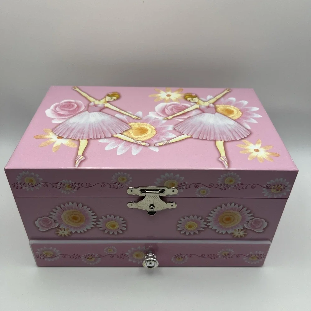 Ballerina Music Jewelry Box Pink Interior Floral Design with Drawer Collectible